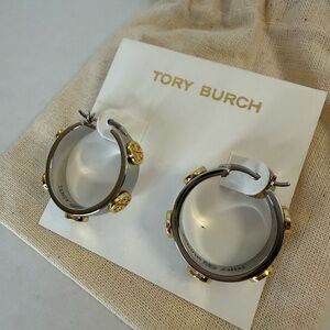Tory Burch Two-Tone Hoop Earrings with Gold Logo Accents - White/Silver